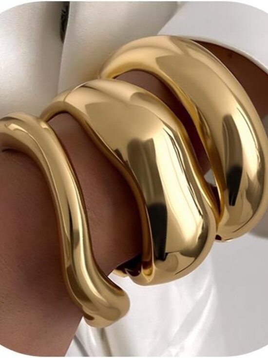 Jewelry - Chunky Gold Bangle Bracelets for Women, 14k Gold Plated Dainty Cuff Stackable Ba